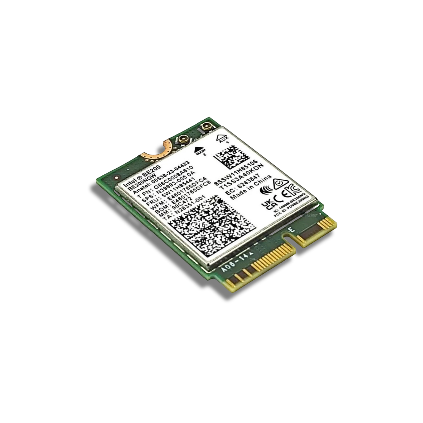 Intel BE200 NGW WiFi 7 Card on a white background showing M.2 Key E connector