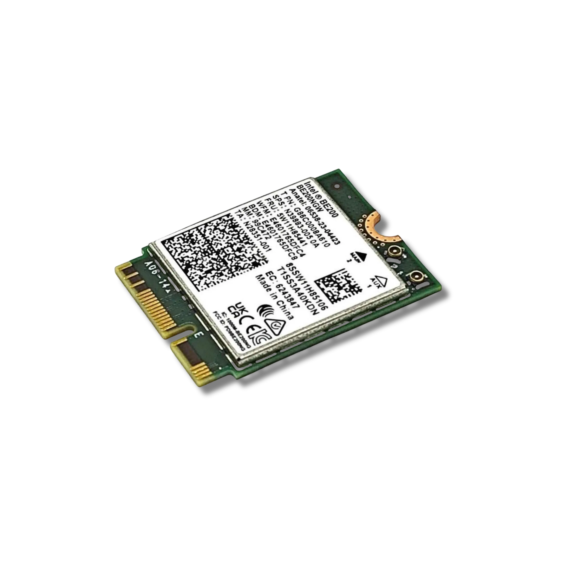 Intel BE200 NGW Wireless network adapter on a white background showing M.2 Key E connector