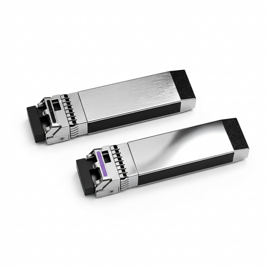 Two SFP optical transceiver modules with silver and black metal housings, displayed on a clean white background.