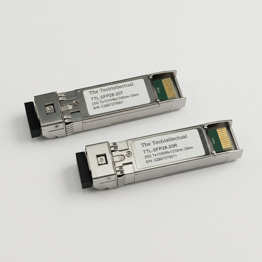 Two SFP28 optical transceiver modules with white labels on a light gray surface, showing the TechIntellectual brand and serial numbers.